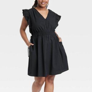 Universal Thread Flutter Sleeve Black Cotton Mini Dress with Elastic Waistband